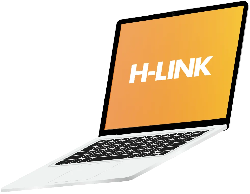 オレンジ色のグラデーション画面にH-LINKロゴが表示されたノートパソコン