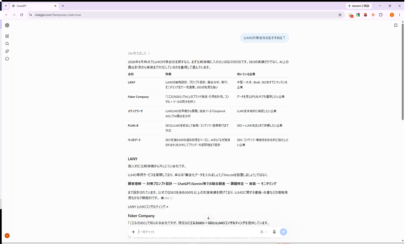 同じ質問をした別の回の回答画面。5社が挙げられているがエイチリンクは入っていない